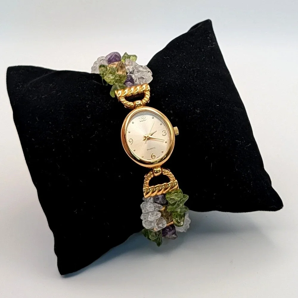 Quartz Crystal Mixed Gemstone Bracelet Watch Gold Tone Japanese Movement 7